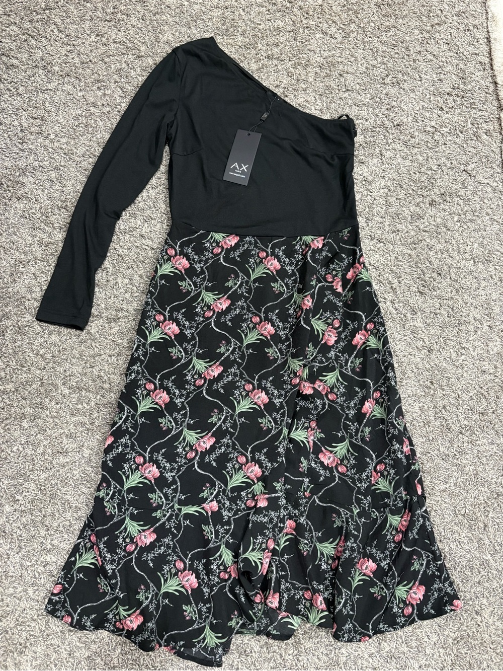 New Black One-Shoulder Floral Midi Dress